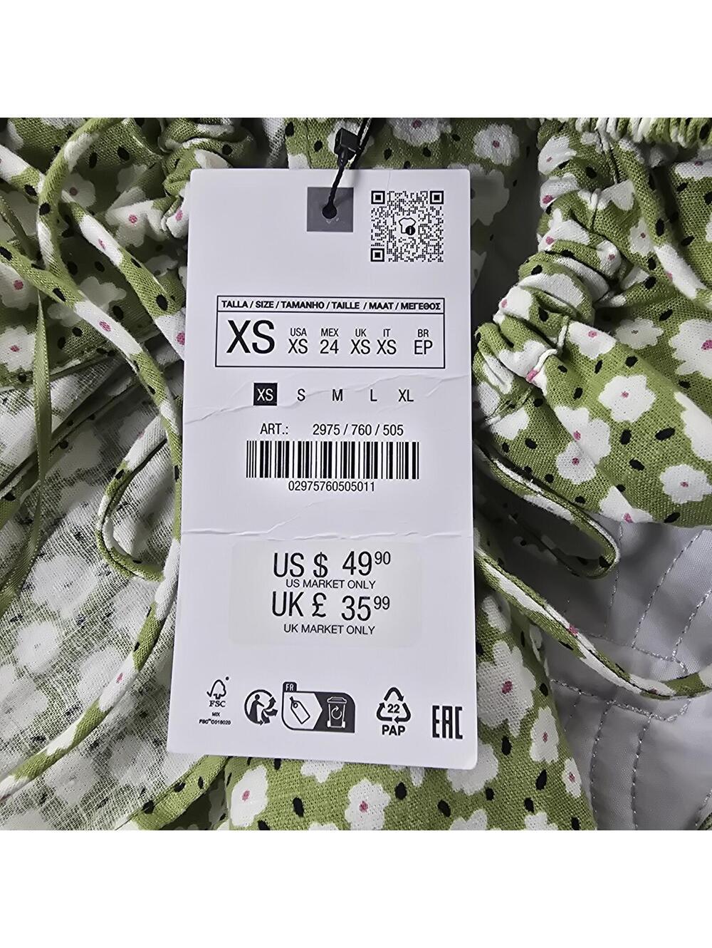Zara NWT Green Daisy Floral Smocked Midi Dress XS Cottagecore - Picture 6 of 9